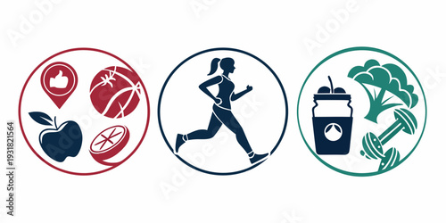 Healthy lifestyle icons depicting fitness, nutrition, and environmental consciousness