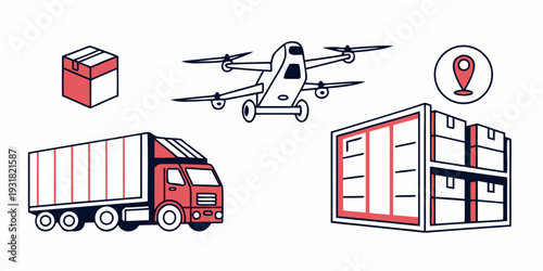 Illustration of various delivery methods including truck, drone, and warehouse.