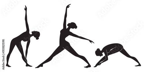 Three individuals performing yoga poses in a sequence demonstrating flexibility and balance.