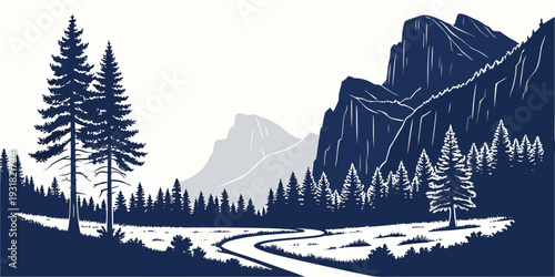 A serene winter landscape with snow-covered trees and a majestic mountain range