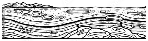 Vintage woodcut engraving of a geological horizon with sedimentary layers and distant hills