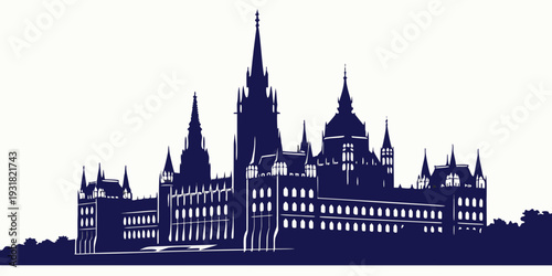 A majestic silhouette of a grand castle with multiple towers and spires.