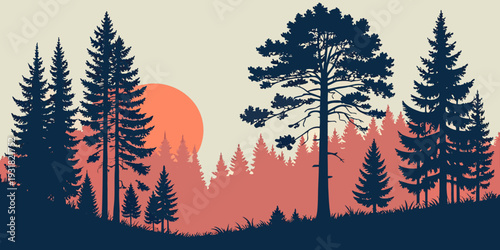A serene forest landscape with vibrant trees and a colorful sky at sunset