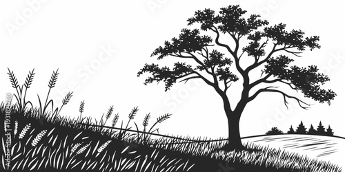 A solitary tree stands tall on a grassy hillside under a clear sky