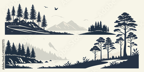 A serene landscape featuring mountains, trees, and a calm river.