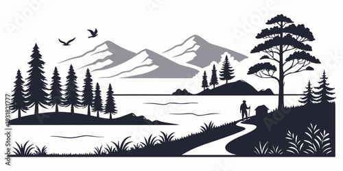 Majestic mountains reflected in a serene lake with a bird in flight