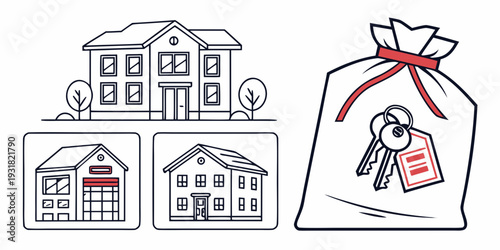 Illustration of various houses and a gift bag with a house key inside.