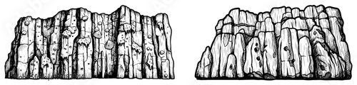 Detailed hand drawn sketches of rocky cliffs and stone formations in scientific engraving style