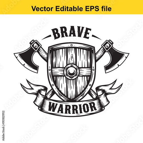 Brave Warrior Shield Badge with Crossed Axes Illustration