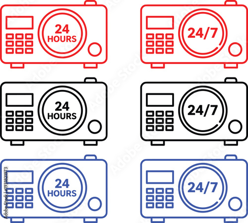 Security safe icon set with 24 hours and 24/7 text in red black and blue colors