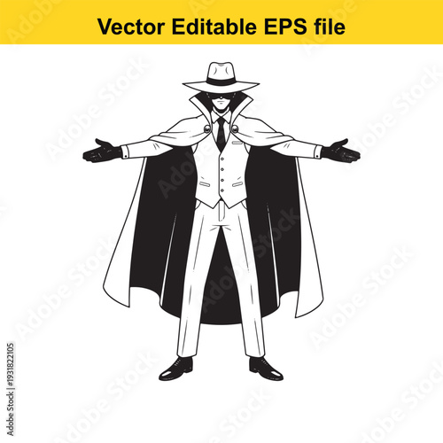 Mysterious Spy Man Illustration with Cape and Hat - Vector