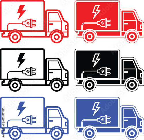 Electric delivery truck icon set with lightning bolt and plug in red black and blue