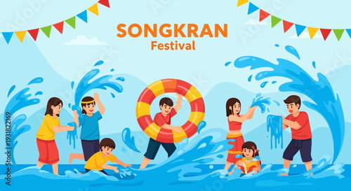 Songkran Festival Water Splashing Celebration. People enjoying traditional Thai New Year festivities with family and friends.