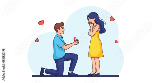 Romantic Marriage Proposal Illustration: Man on One Knee Offering Engagement Ring to Surprised Woman