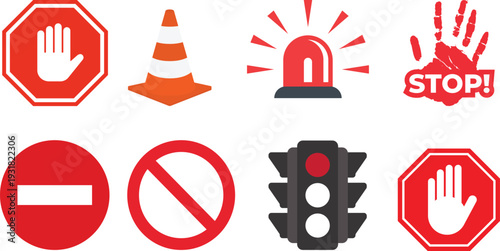 Set of red warning and prohibition signs. Includes stop, hand, danger, no entry, traffic light, and barrier icons. Flat vector style for safety, traffic, construction, or alert use. icons, vector.