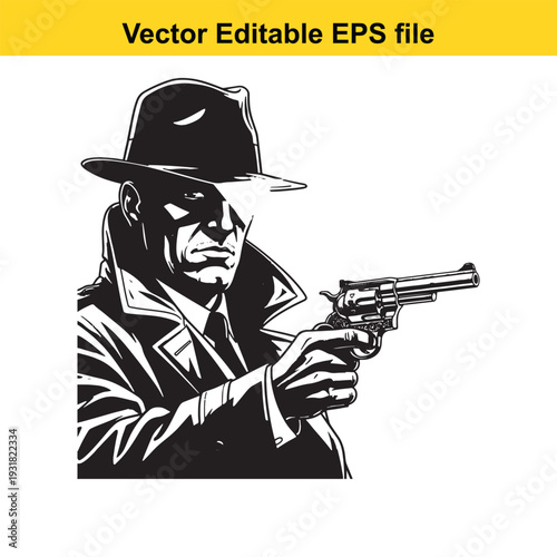 Gangster Man with Revolver Pistol Gun - Black White Vector
