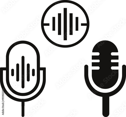 Modern microphone and audio wave icon set in clean black minimalist vector style. Suitable for podcast branding, recording studios, radio broadcasting, voice apps, music production, and digital audio 