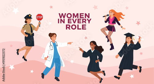 Empowered Women in Diverse Careers: Police, Doctor, Singer, Graduate – Celebrating Female Achievement and Professional Success