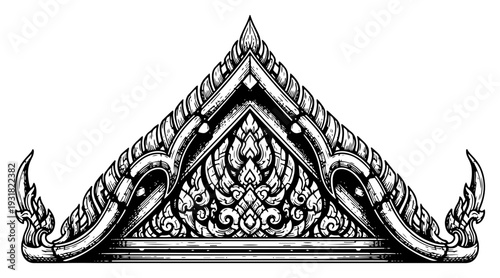 Traditional Thai temple pediment design with ornate hand drawn architectural details