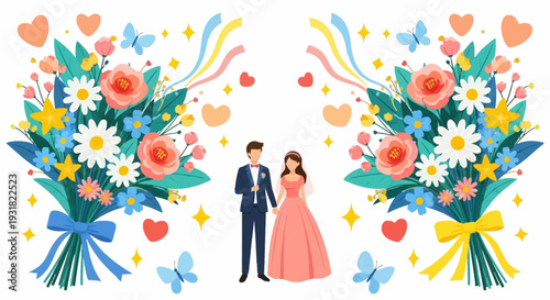 Happy Wedding Celebration with Elegant Bride and Groom Surrounded by Vibrant Floral Bouquets, Hearts, and Butterflies - Flat Design Illustration