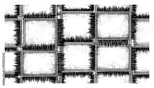 Abstract vintage woodcut engraving of geometric square frames with textured borders