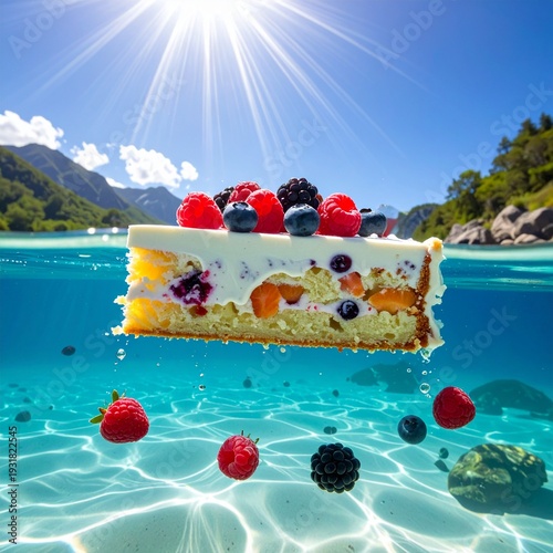 A slice of cake floating underwater with colorful berries around it, light rays from above, surreal dessert photography