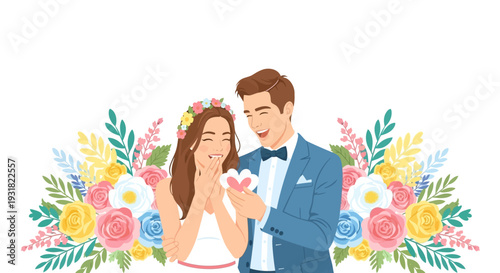 Joyful Wedding Couple with Heart Gift and Vibrant Floral Frame - Celebrating Love and Engagement