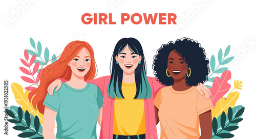 Girl Power: Diverse Women Celebrating Unity, Friendship & Empowerment - Flat Vector Illustration