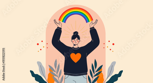 Joyful Woman Embracing Rainbow & Heart: Symbol of Hope, Love, Diversity, and Self-Acceptance. Flat Illustration for Positive Concepts.