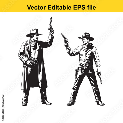 Cowboy Duo Gunfight Vector Illustration - Black White