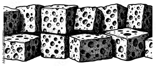 Detailed vintage woodcut engraving of stacked porous cubes resembling blocks of swiss cheese