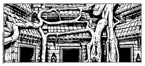 Ancient jungle temple ruins overgrown with massive tree roots in vintage engraving style