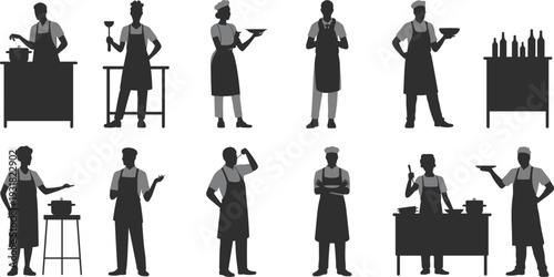 Professional Chef and Kitchen Staff Silhouettes Set Featuring Cooks, Bakers, and Servers Working with Cooking Tools, Pots, and Food Trays