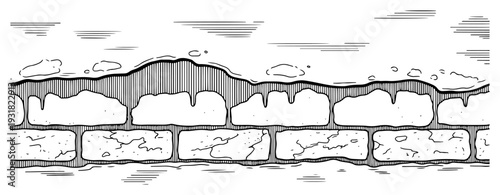 Vintage woodcut engraving of a rustic stone wall under a linear sky