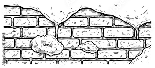 Hand drawn illustration of a brick wall with melting ice or snow dripping down the surface