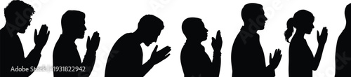 People praying silhouette set, diverse group in prayer pose, spiritual worship icons, religious meditation symbols, black vector figures isolated on white,