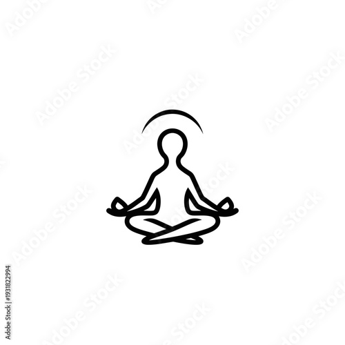 Black vector logo of a person meditating in a yoga pose with a halo above their head symbolizing peace and well-being