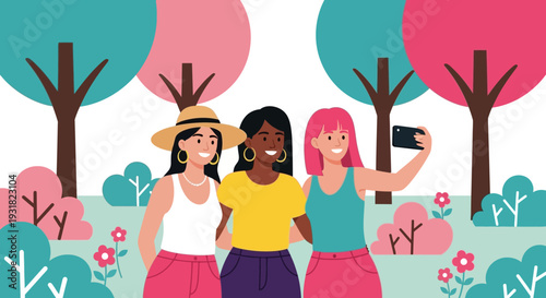 Happy Diverse Young Women Friends Taking a Selfie in a Vibrant Park. Friendship & Togetherness Vector Illustration