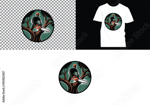 Lumberjack and Chainsaw Cutting logo, Woodcutting Tree Trunk Logo editable vector Design 