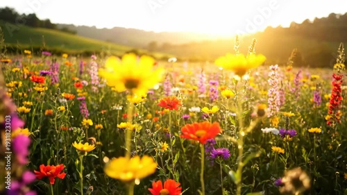 Colorful flowers meadow at sunset. Spring, nature, sun, floral landscape. 