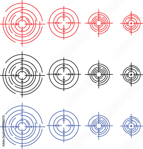Set of 12 red black and blue sniper targets isolated on transparent background vector illustration