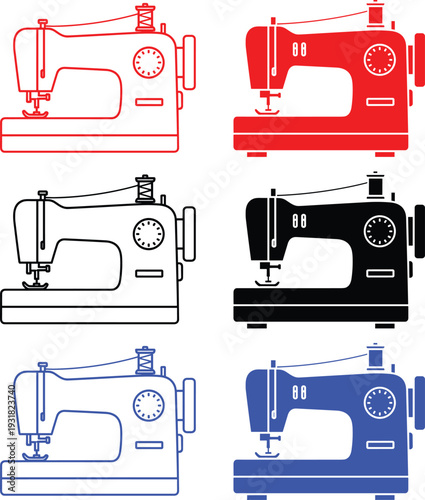 Sewing machine in red black and blue colors set isolated on transparent background vector
