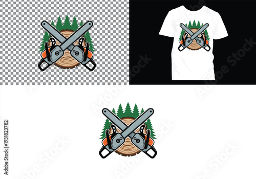 Lumberjack and Chainsaw Cutting logo, Woodcutting Tree Trunk Logo editable vector Design 