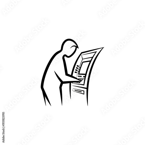 Modern minimalist black vector icon of a person performing a financial transaction at an ATM, symbolizing convenient self-service banking and digital access