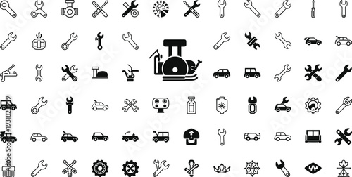 Set of car repair vector icons featuring wrenches screwdrivers gears and vehicle silhouettes for automotive service maintenance and garage workshop