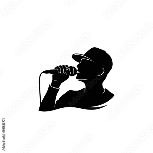 Striking minimal black silhouette logo of a male vocalist performing with a microphone, embodying the spirit of music, entertainment, and artistic expression on stage or in a studio setting