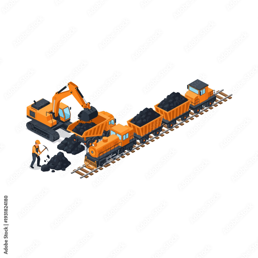Naklejka premium Isometric Coal Mining Operation with Excavator and Train.