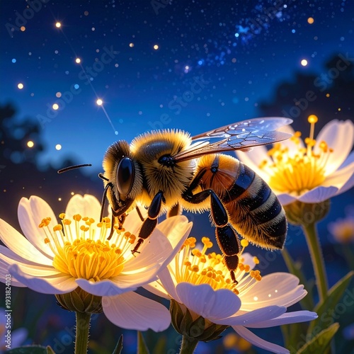 A bee collecting glowing stardust honey from luminous flowers at night, dark blue sky, fantasy macro photography