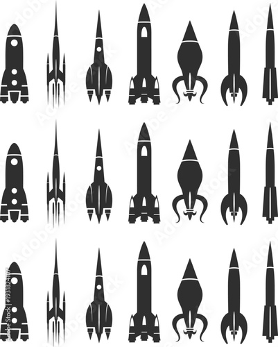 Collection of retro and modern rocket spaceship silhouettes in dark gray on checkered background