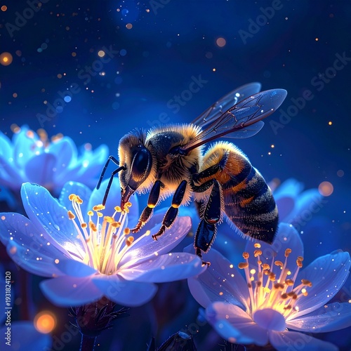 A bee collecting glowing stardust honey from luminous flowers at night, dark blue sky, fantasy macro photography